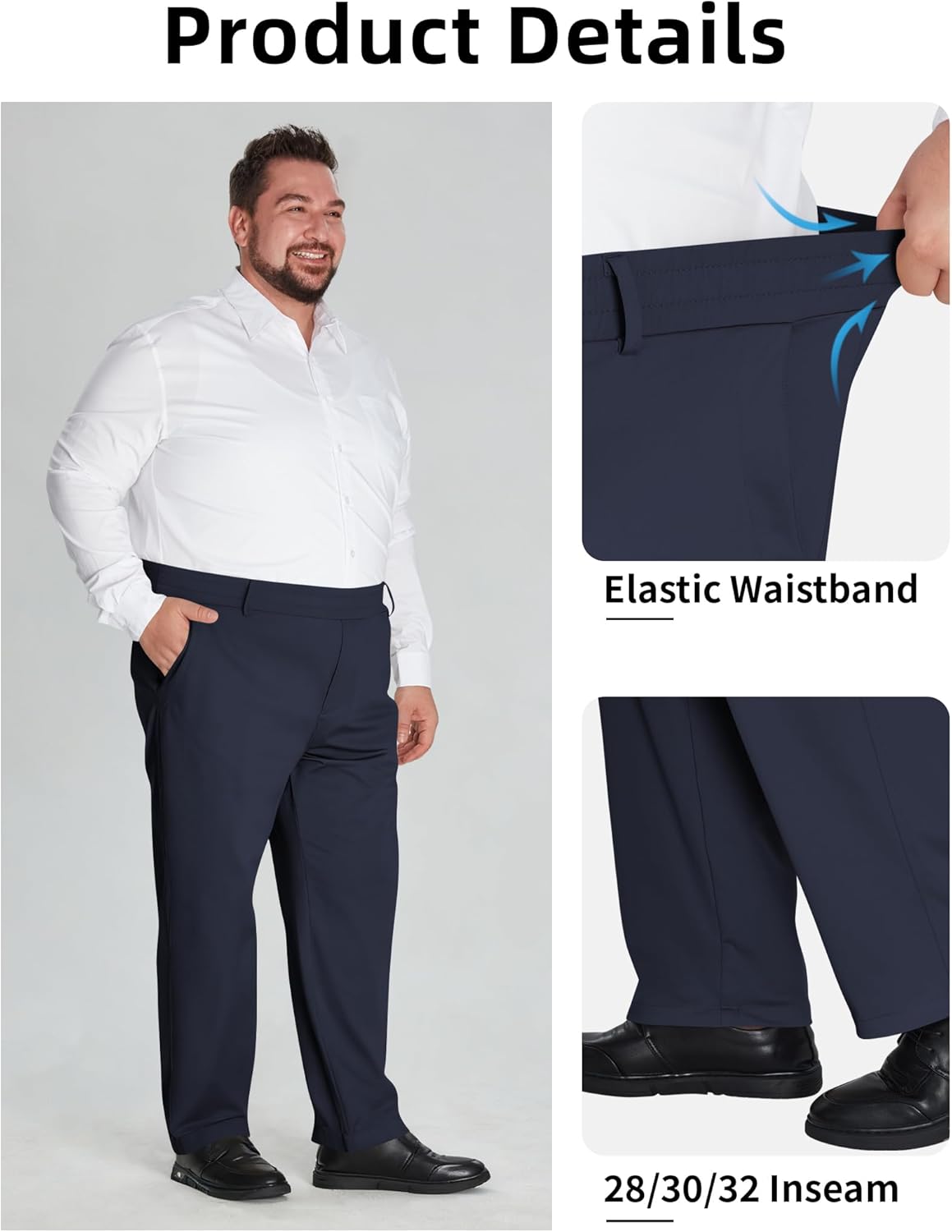 Idtswch Mens Big and Tall Full Elastic Waist Pants Stretch Slacks Casual with Zipper Fly and Pockets