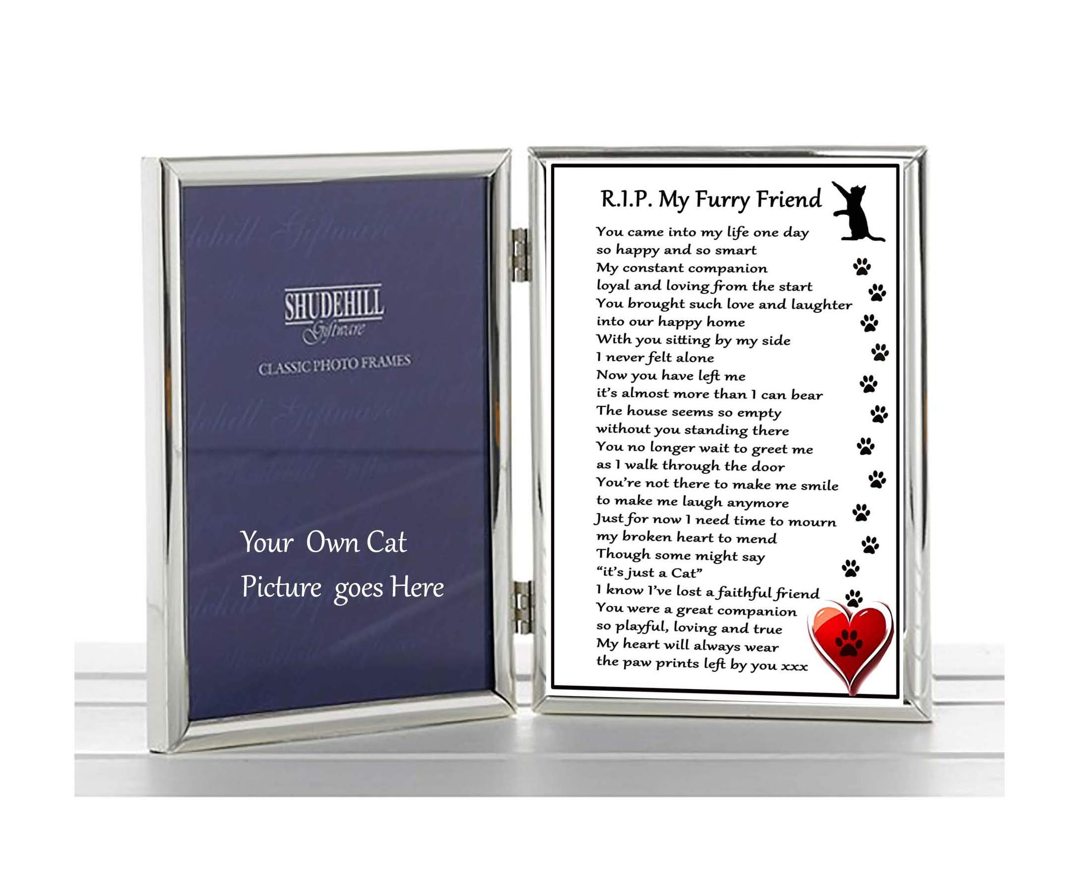 Frames Silver Cat Bereavement Shudehill Twin Folding 6" X 4" With Rip Verse - Rip My Furry Friend - Cat Loss, Sympathy, Memorial, Rememberance