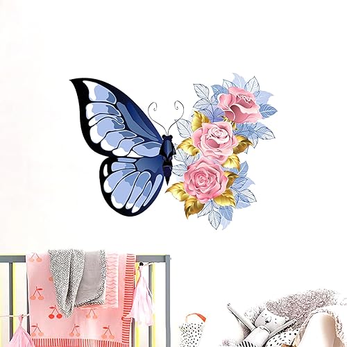 Miniatura 3 de Adhesivo de pared con diseño de mariposa y rosa, calcomanías de pared de flores azules para sala de estar, dormitorio, vinilo extraíble, calcomanías