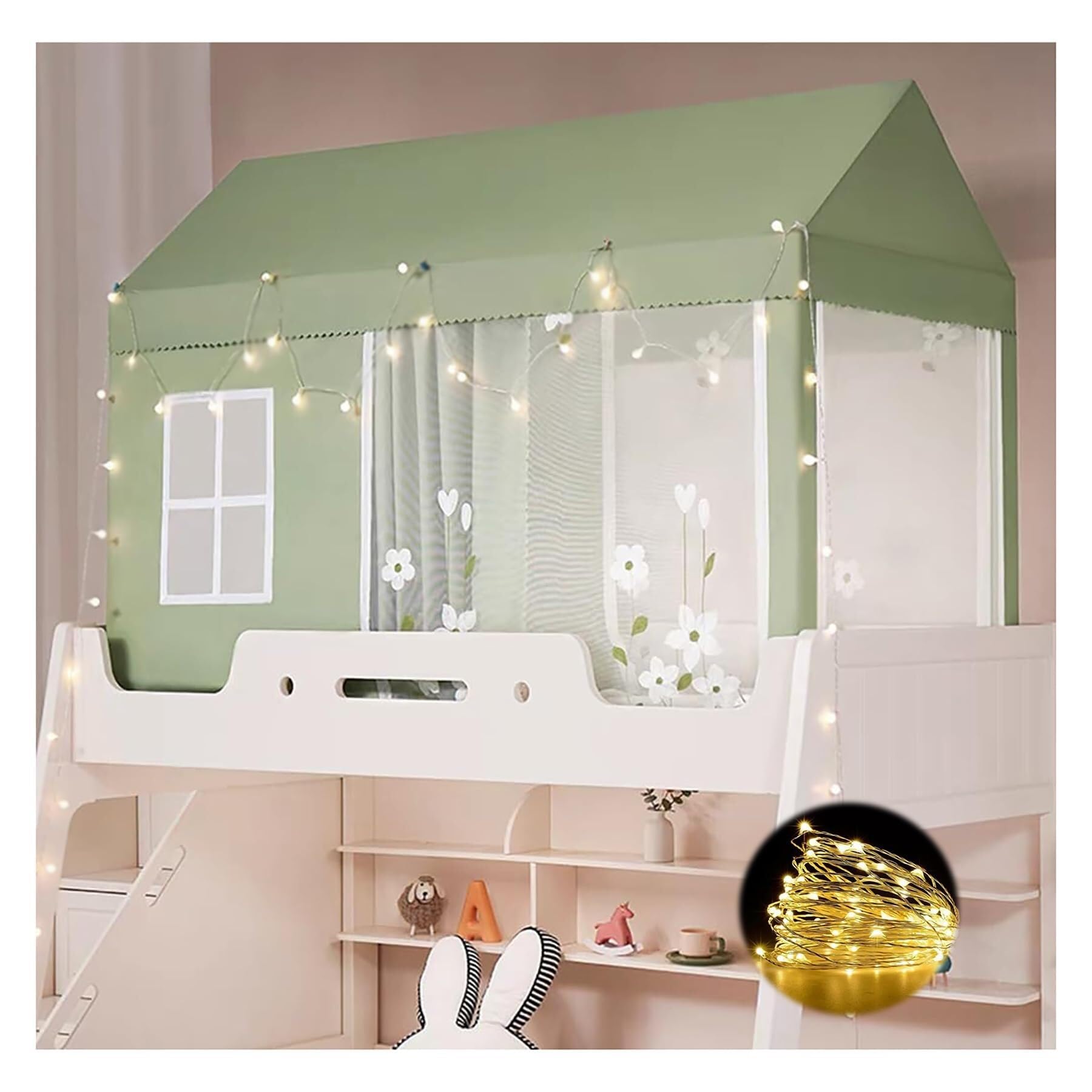 Twin Top Bunk Bed Tent Canopy with Frame,Beige - Bed Netting Canopy for Girls with Lights. Stainless Steel Canopy Bed Frame Curtains Elegant(Pink)