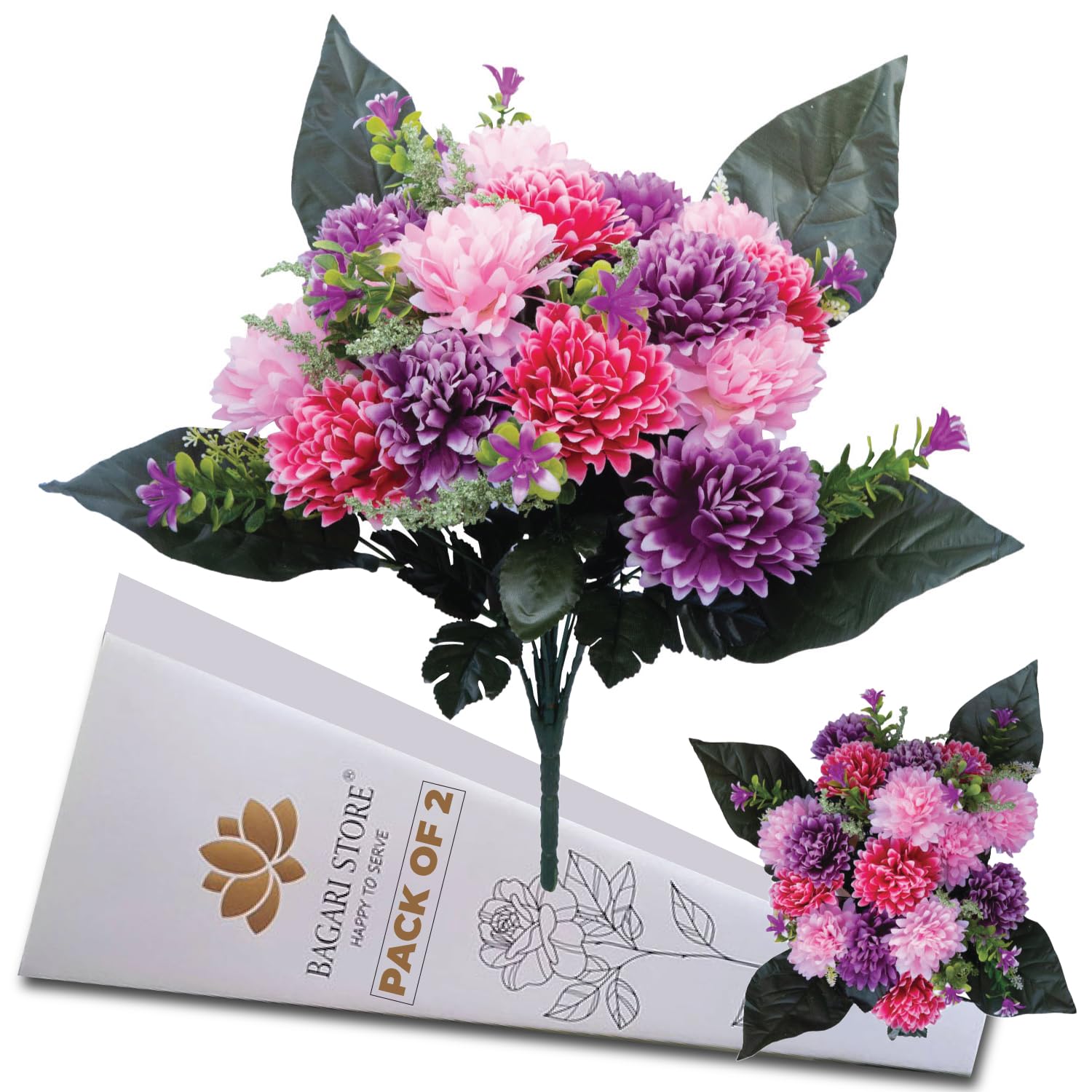 Bagari Store Hot Pink, Ivory, Wine Bagari Artificial Flowers, Large Mixed Bush Grave Cemetery Flowers, 41Cm Funeral Fake Flowers For Memorial Decoration, Hot Pink - Ivory & Wine Graveside Flowers For Outdoor & Indoor Floral Decoration