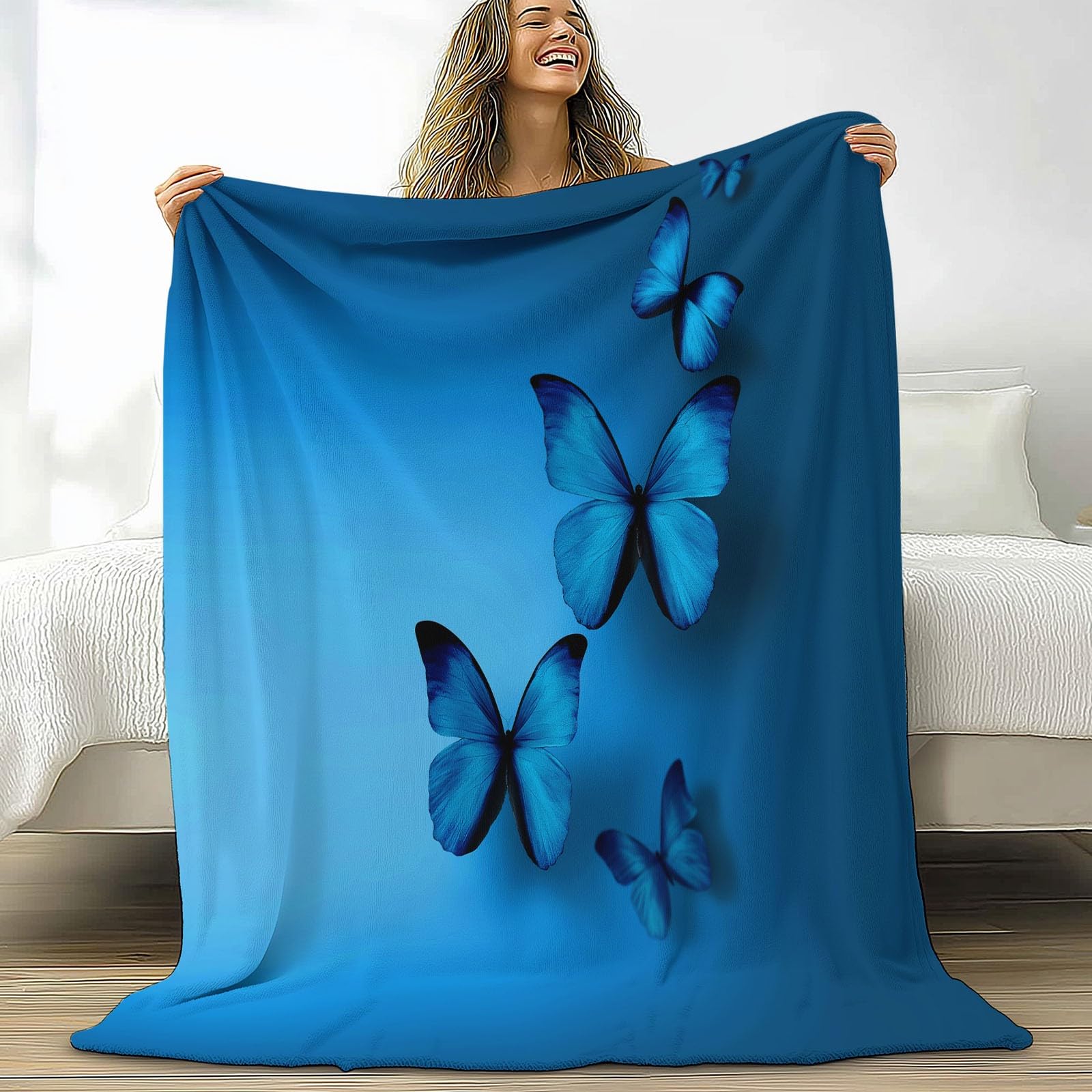 Plaid polaire papillon bleu grand format pour cocooning réussi sur le canapé du salon