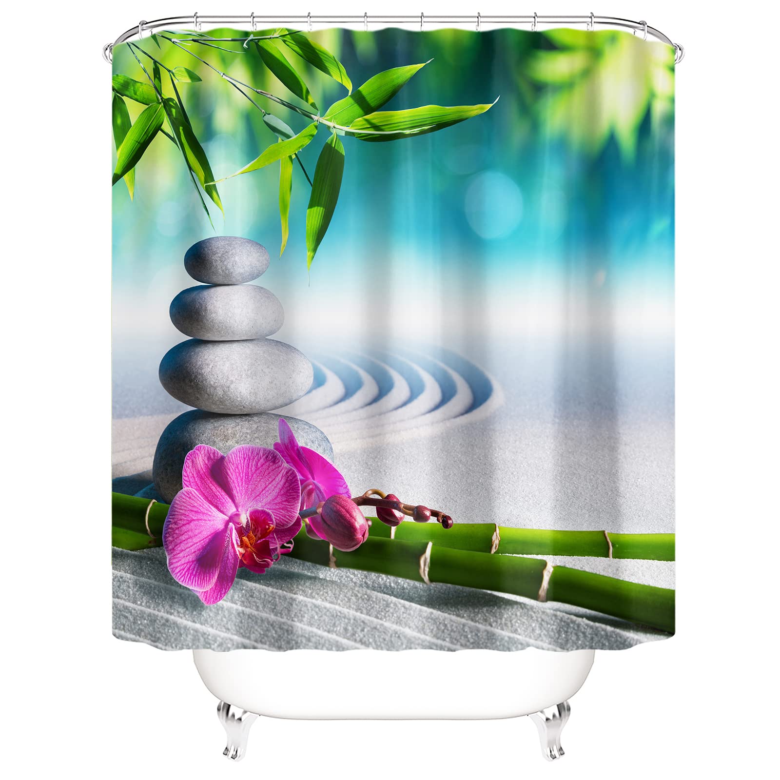 JONSEQIN Zen Garden Shower Curtain - Spa Green Bamboo Leaf Pattern Bathroom Decor With Hooks - View #7