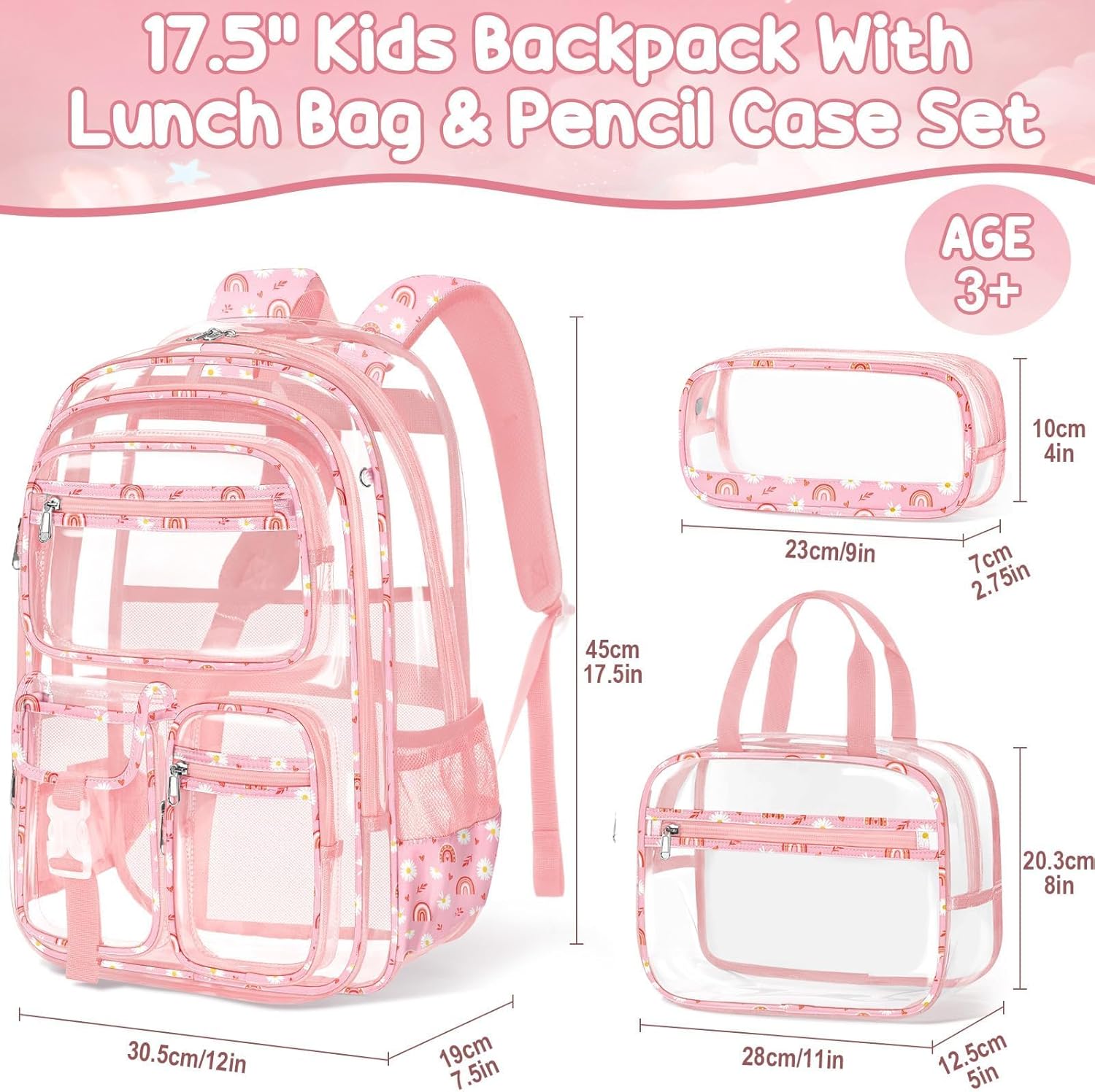 Fimibuke Clear Backpack for Girls, 3PCS Heavy Duty PVC Transparent Girls Backpack with Lunch Box & Pencil Case School Stadium Approved Cute Toddler School Bookbag for Preschool Kindergarten Elementary - Image 2