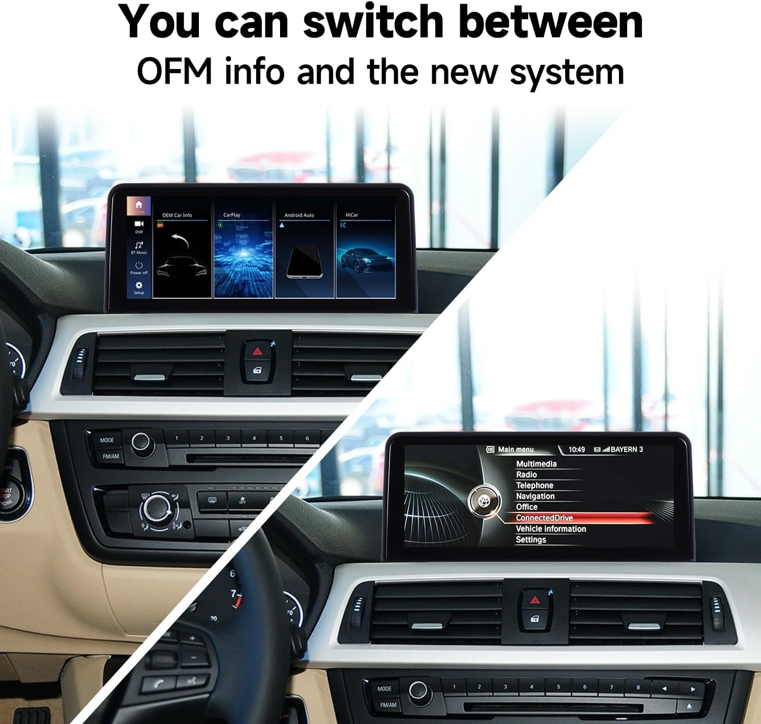 Split image showing the car's dashboard with the original OEM display interface on the bottom and the new Android Auto/CarPlay interface on the top.