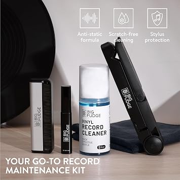 Big Fudge Vinyl Schallplatten Reinigung Set - 6-in-1 Vinyl Reiniger Inkl. Schallplattenbürste Nadelbürste Reinigungslösung Mikrofaserhandtuch & Trocknungsständer
