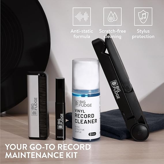 Big Fudge Vinyl Schallplatten Reinigung Set - 6-in-1 Vinyl Reiniger Inkl. Schallplattenbürste Nadelbürste Reinigungslösung Mikrofaserhandtuch & Trocknungsständer