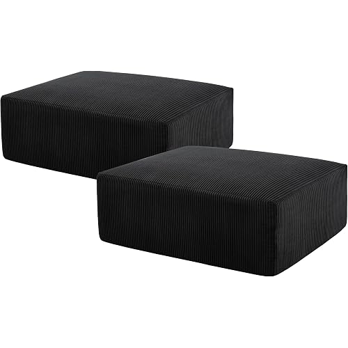 Gericco 113" Modular Sectional Couch, Cloud Boneless Sofa with Deep Seats, Upholstered Corduroy Square Stuffed Pouf, 2 Pcs 40 * 31 Inch Furry & Fluffy Movable Foot Stool for Living Room, Black
