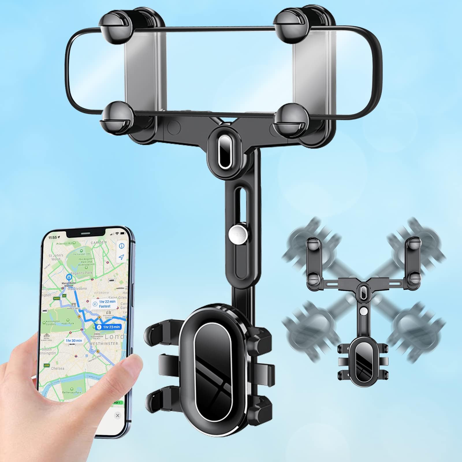 Rearview Mirror Phone Holder for Car,2023 Rotatable and Retractable Car Phone Holder Mount Multifunctional 360° Car Rear View Mirror Phone Holder Pro Clip Car Mirror Phone Mount for Mobile Phone Black