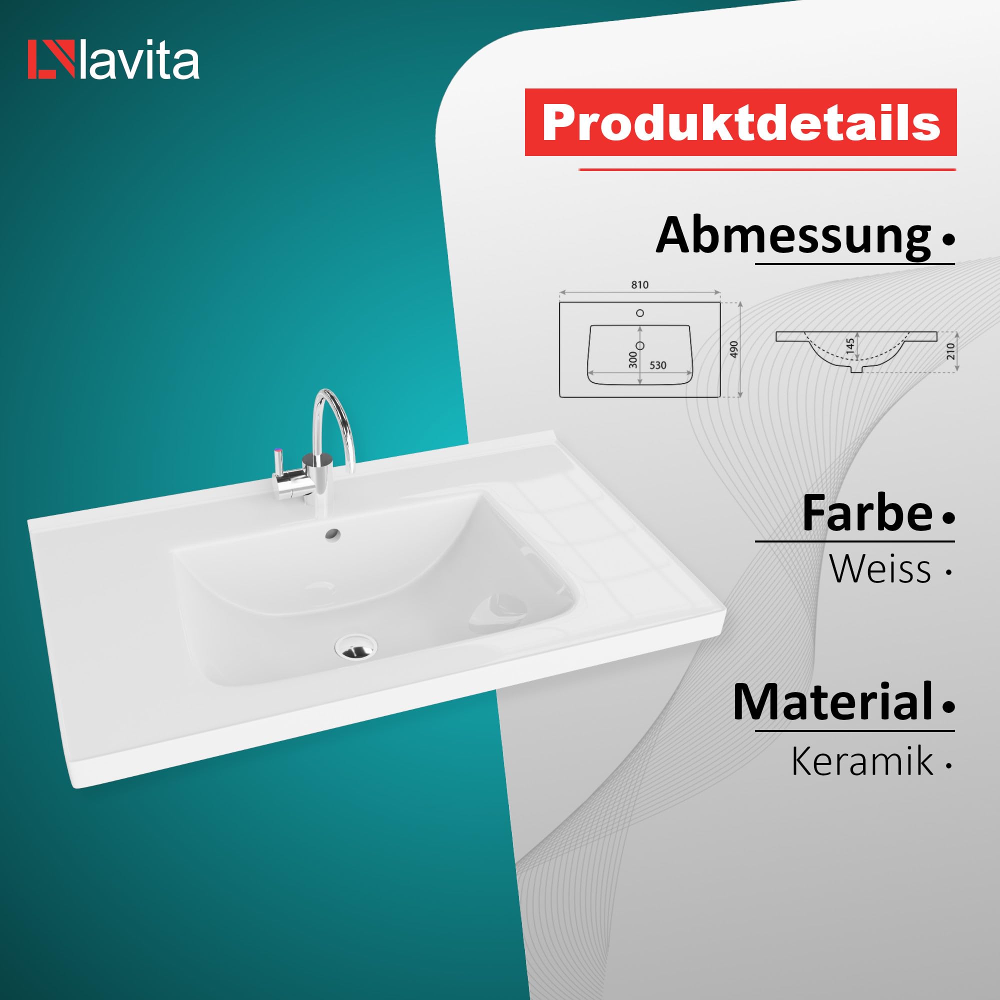 LAVITA Lavabo para muebles Kansas 800, lavabo con rebosadero y orificio para grifo, de porcelana de alta calidad, 81 x 49 x 21 cm, color blanco brillante