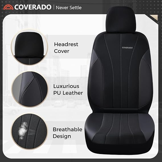Coverado Car Seat Covers Full Set, Automotive Seat Covers 5-piece, Leather Car Protectors 5 Seats, Black Auto Seat Covers Spill-Proof Design Universal Fit for SUV, Vans, Sedan, Truck