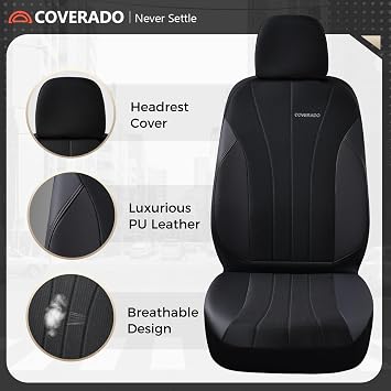 Coverado Car Seat Covers Full Set, Automotive Seat Covers 5-piece, Leather Car Protectors 5 Seats, Black Auto Seat Covers Spill-Proof Design Universal Fit for SUV, Vans, Sedan, Truck