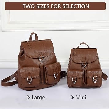 VASCHY Mini Backpack Purse for Women, Fashion Faux Leather Buckle Flap Drawstring Backpack for College with Two Front Pockets Brown