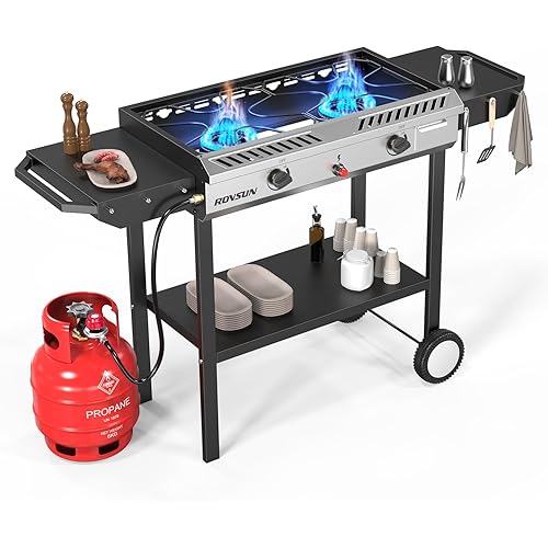 ROVSUN 2 Burner Outdoor Propane Gas Stove with Auto-ignition, Regulator & Shelf, 150,000 BTU Powerful Stand Cooker for Backyard Patio Cooking Home Brewing Canning Turkey Frying