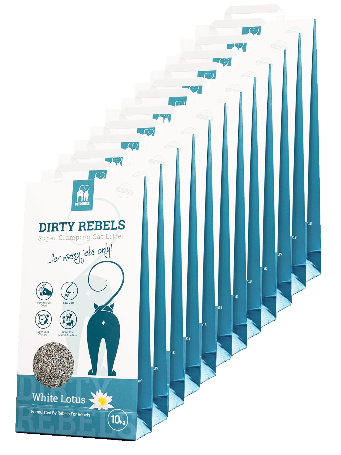 Dirty Rebels 6-pak żwirku dla kotów – 6 x 10 litrów – biały zapach lotosu – bezpyłowy – bardzo mocne grudki – magnez bentonit – jakość premium by Petrebels