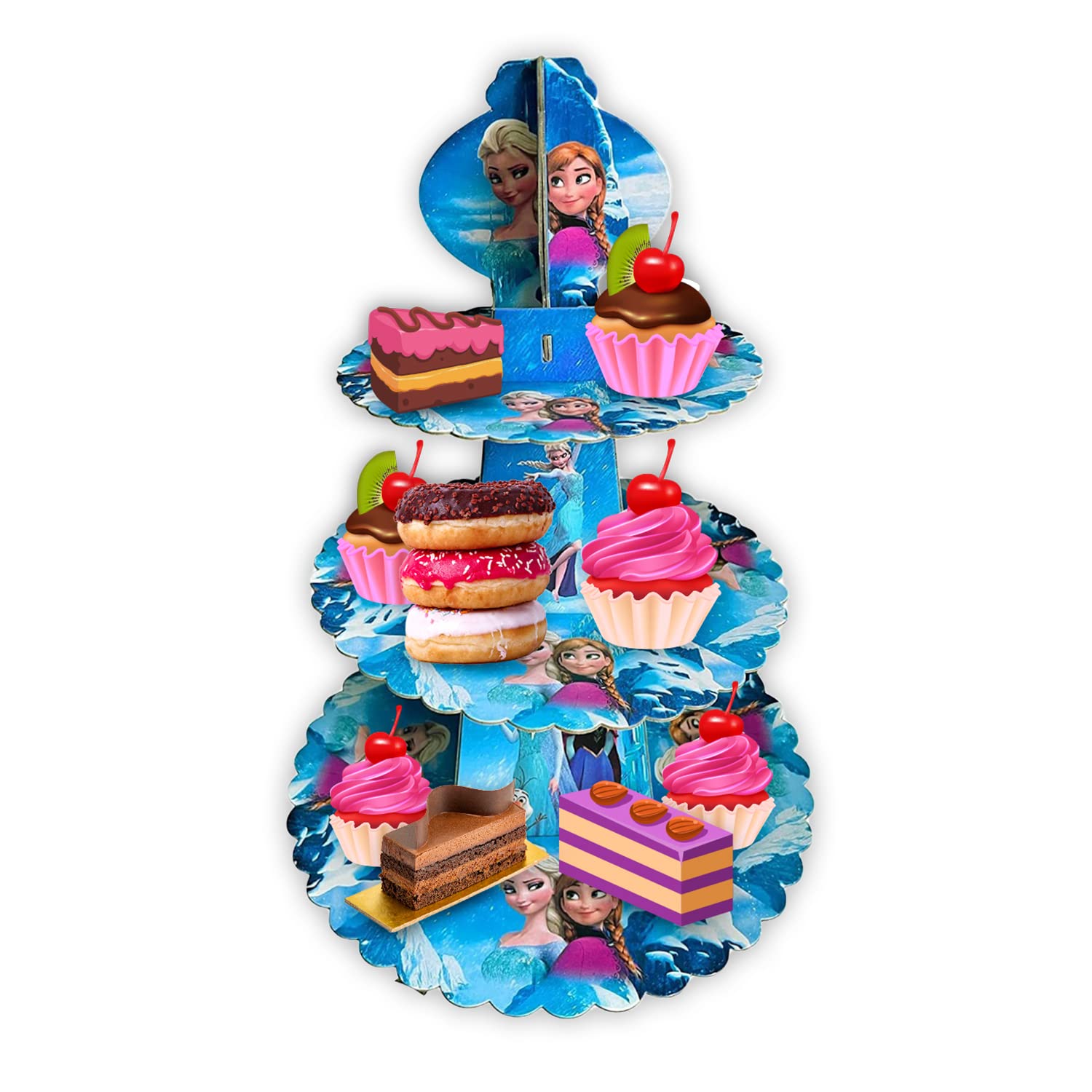 Aex Frozen1 3 Tier Cake Stand Cardboard | Birthday Cupcake Stands | Cake Stand For Afternoon Tea Stands | Biodegradable Round Food Stand Display | Dessert Cupcake Holder | Fruit Desserts Display |