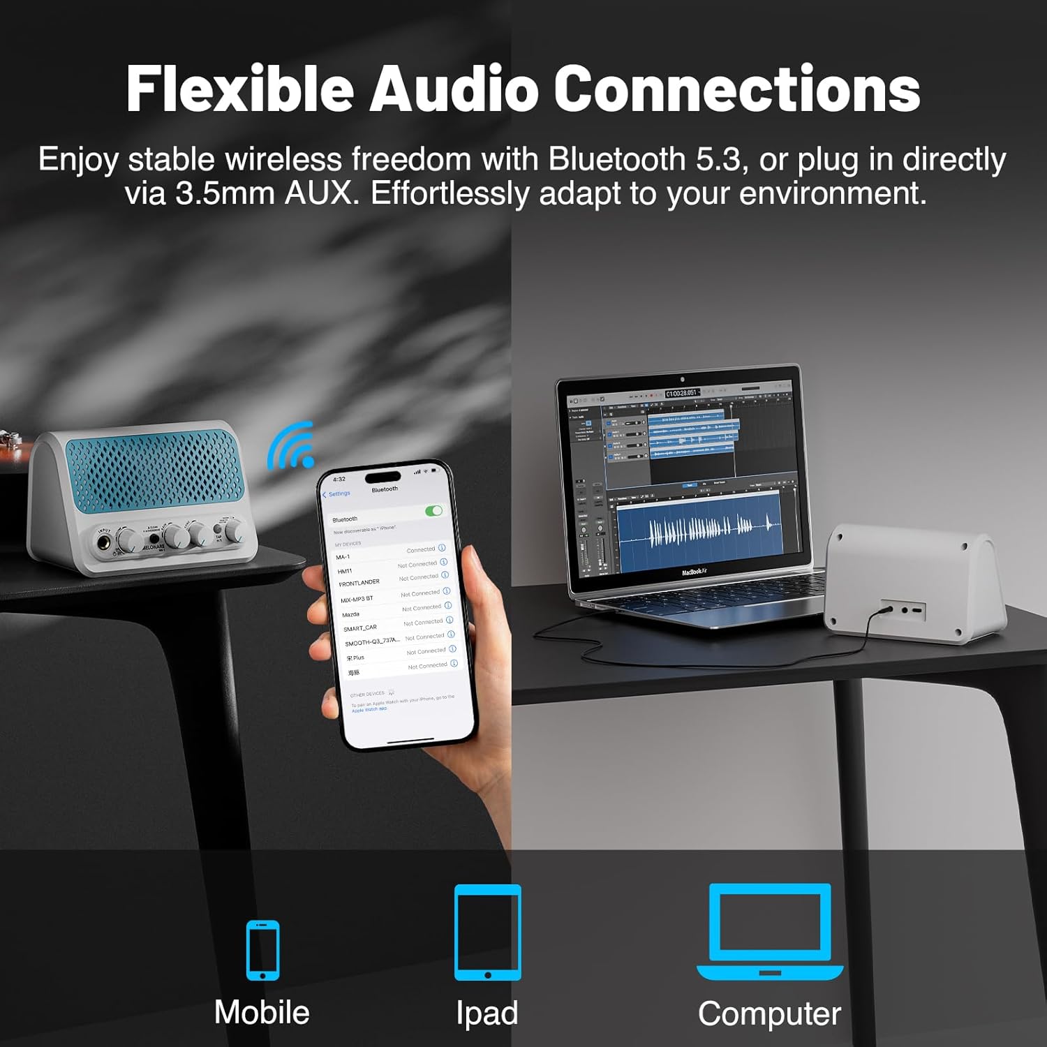 Illustration of the MELONARE MA-1 Mini Guitar Amp charging via USB, with a battery icon indicating up to 7 hours of playtime.