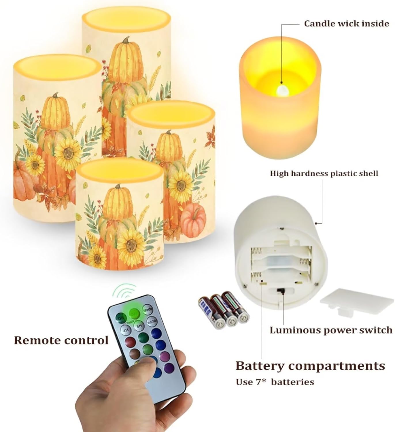 Merkmak 5.7 x 3 Battery Operated Candles with Timer 4Pcs Pumpkin Sunflower Maple Leaf Flameless LED Candles Bulk with Remote Thanksgiving Party Decor Electric Plastic Pillar Lights Bulk