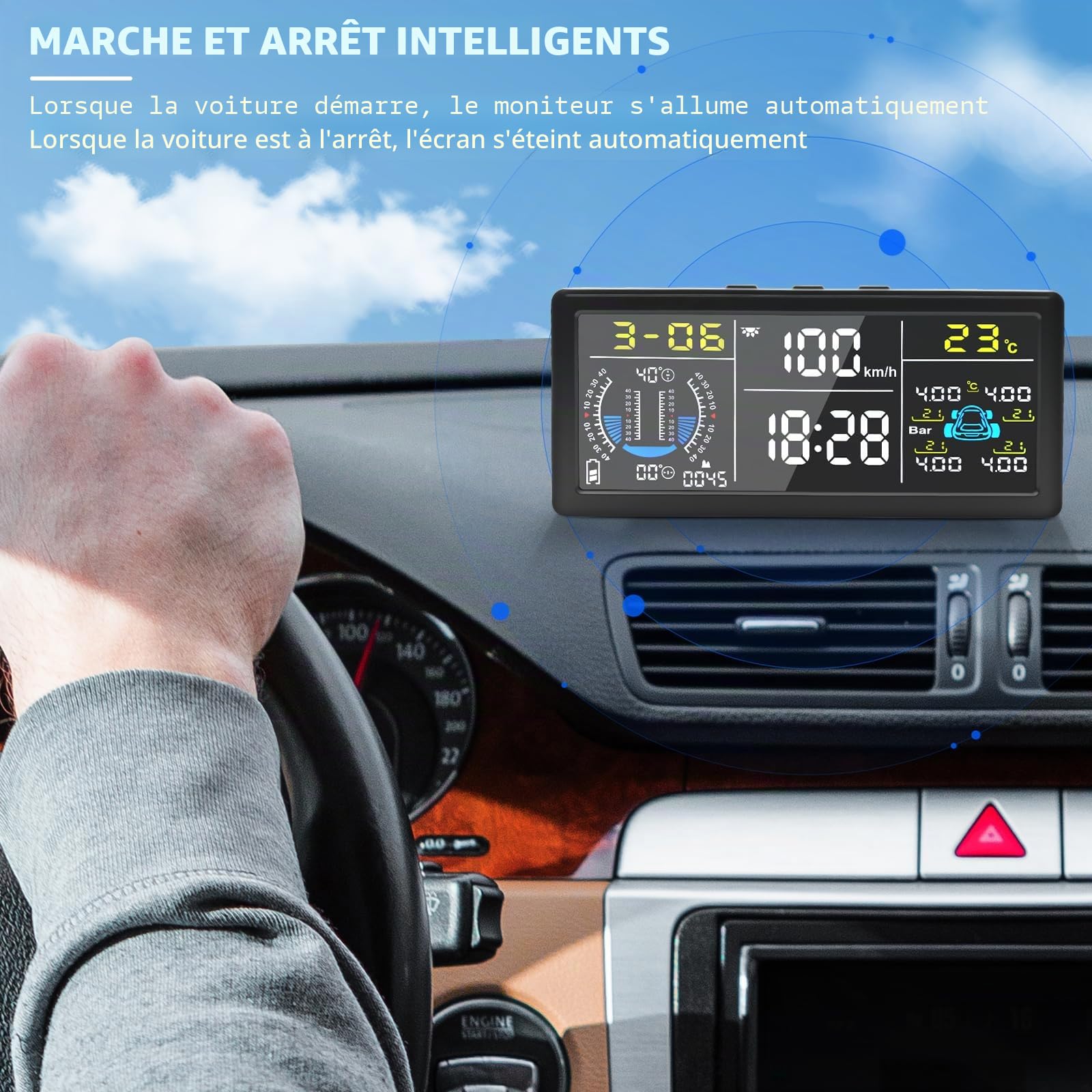 Système de Surveillance de la Pression des pneus Tpms amélioré | avec pente, altitude, fonction de détection de vitesse, outil de surveillance de la pression 9.9BAR/199Psi