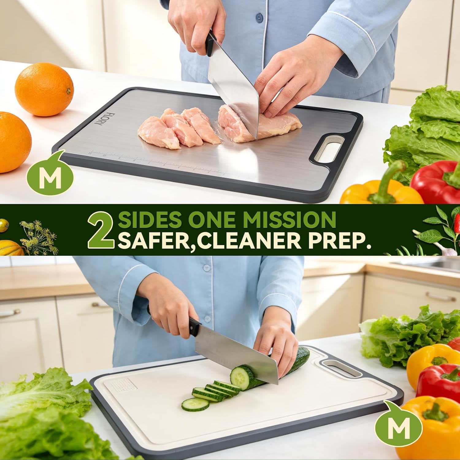 R FLORY Titanium Cutting Board for Kitchen, 2 Pack 2-in-1 Double-Sided Chopping Board with Measuring Ruler, Titanium/PP, Small 12 x 8 inch and Medium 15 x 10 inch