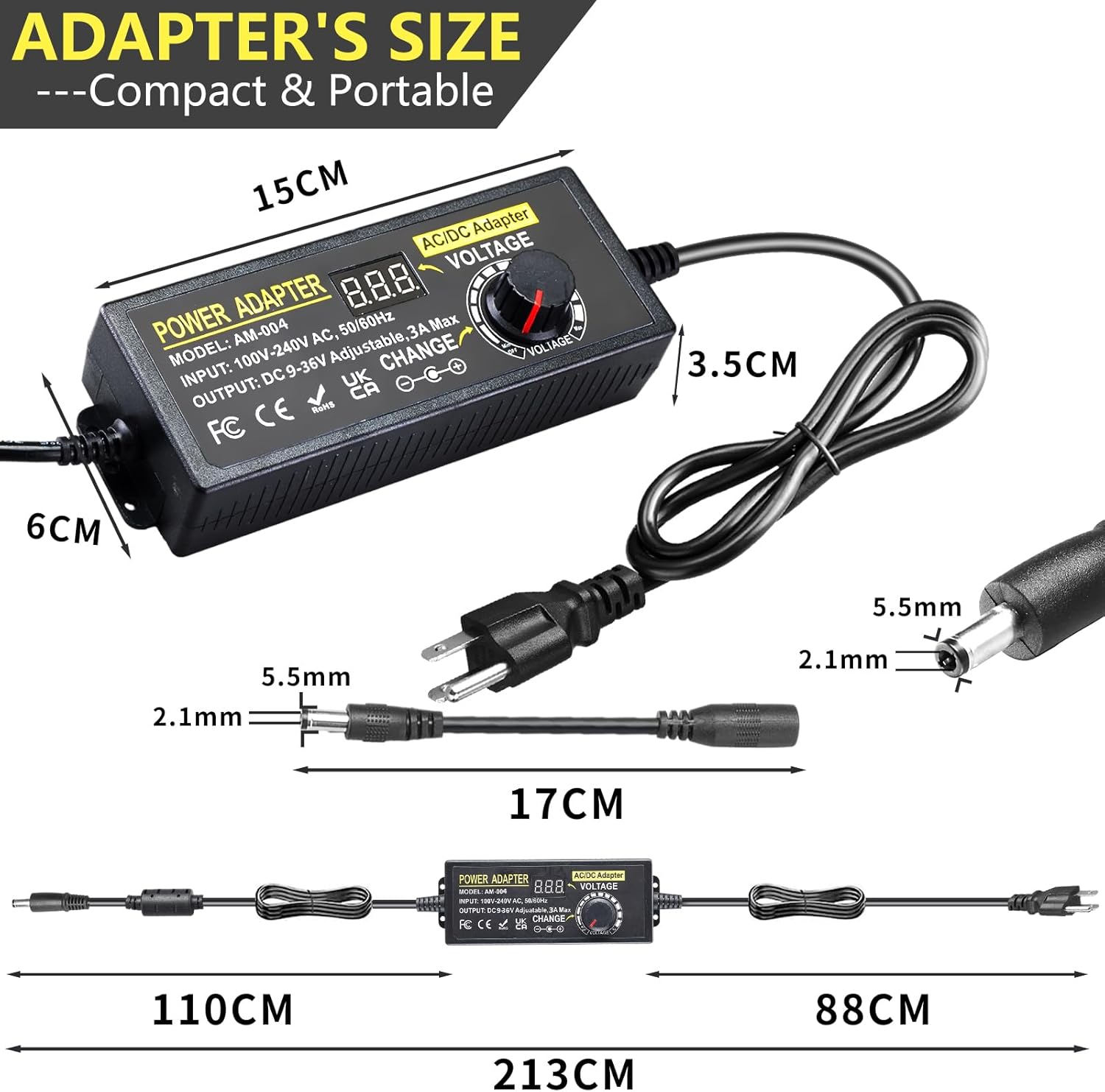 108W Universal Power Supply Adjustable DC 9~36V 3A Variable Switching Power AC/DC Adapter 9V 12V 15V 18V 20V 24V 36V Adapter100V-240V AC to DC Converter with 14 Tips & Polarity Converter & Test Leads