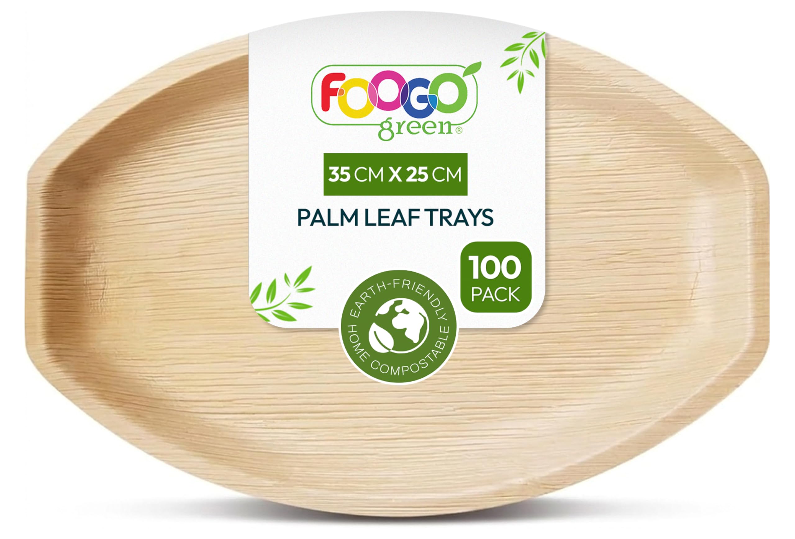 FOOGO Green 100 Bandejas Hoja de Palma Ovaladas Grandes 35x25cm Desechables | Biodegradables, Compostables, Pizza, entrantes, canapés y charcutería, Como bandejas de madera, Resistentes, Ecológicas