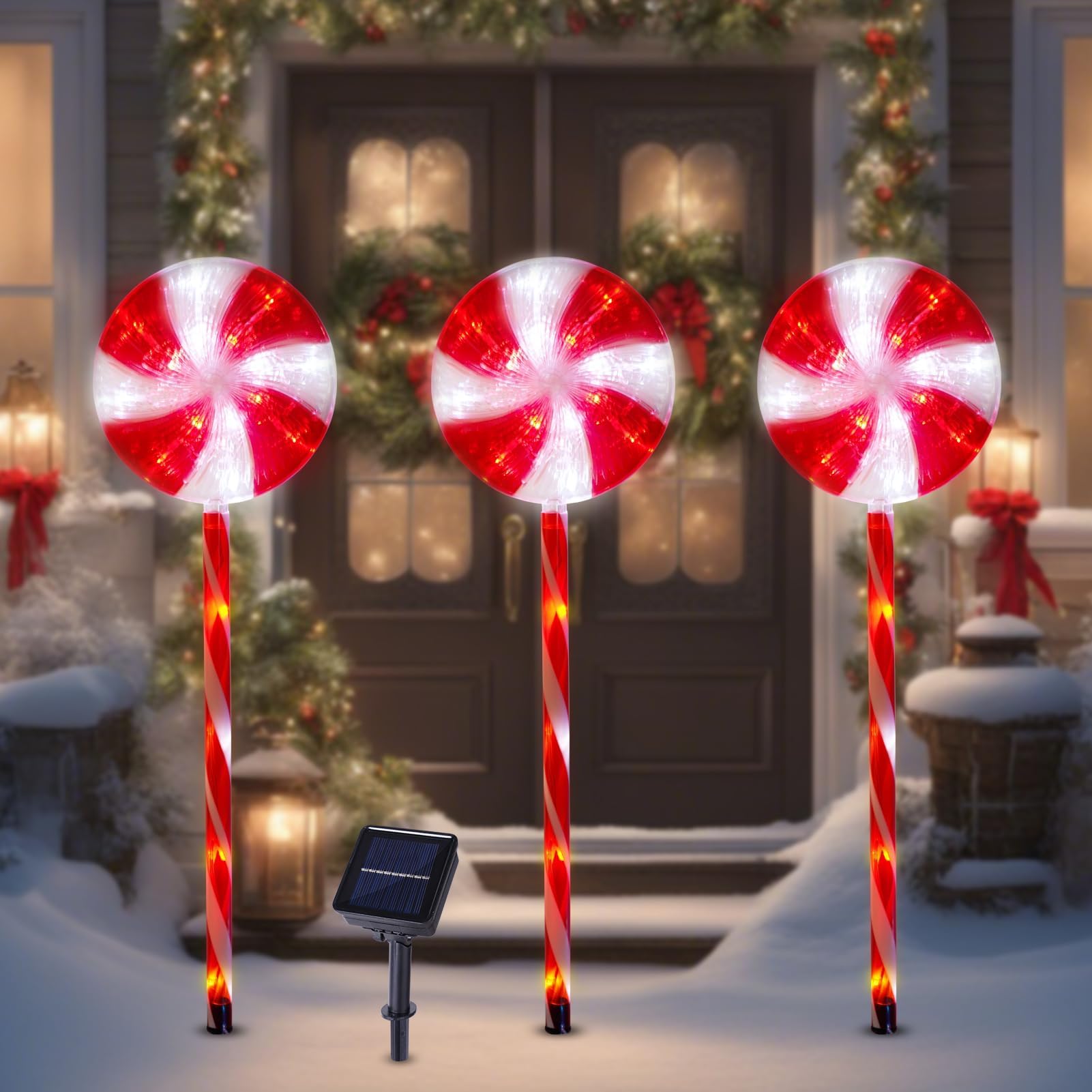 Christmas Outdoor Decorations, 27" Set of 3 Lollipops Peppermint Stake Lights, Candy Cane Solar Pathway Lights with 8 Modes, Outside Christmas Decoration for Walkway, Yard, Pathway, Patio