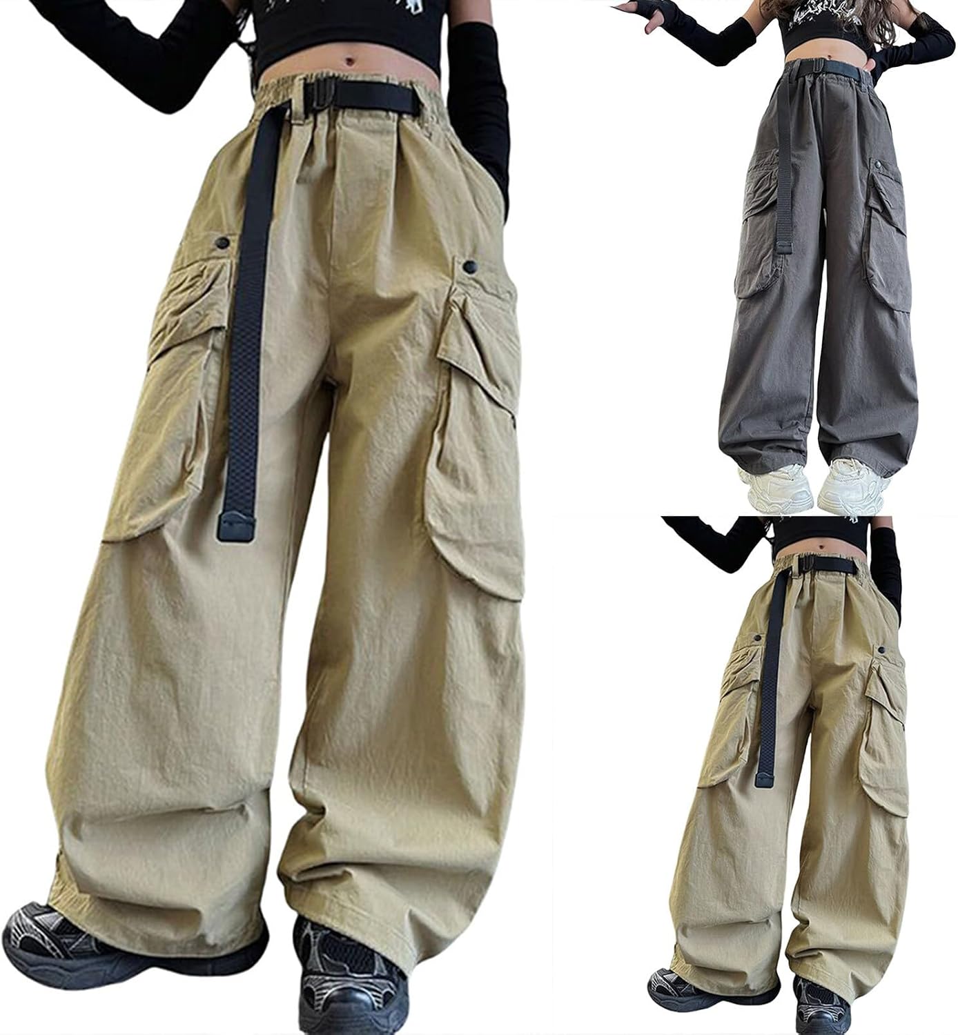 Girls Parachute Pants Cargo Joggers Wide Leg Streetwear Tween High Waisted Cargo Pants Casual Loose Aesthetic Trousers