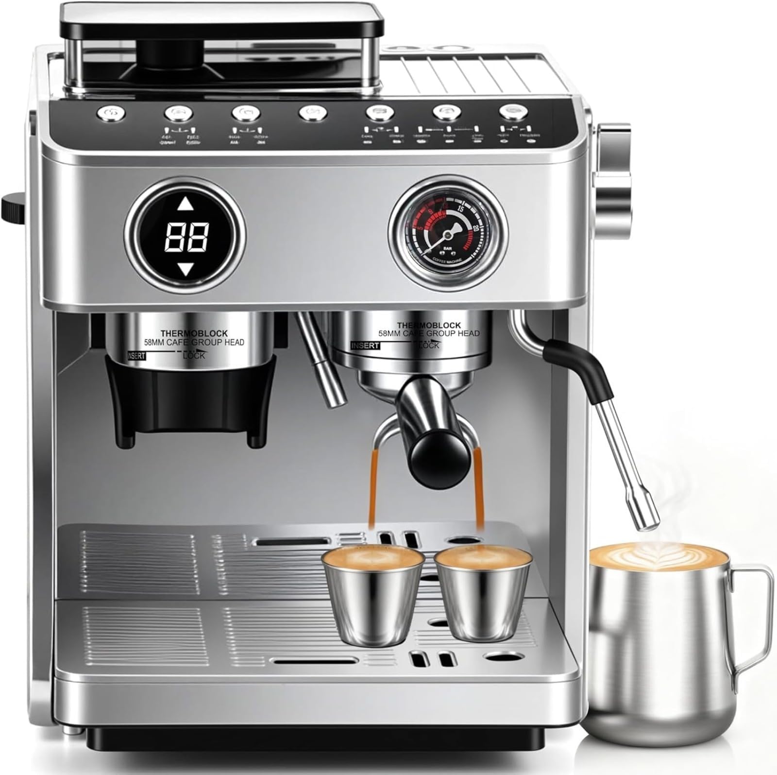 Espresso Machine, Cappuccino Maker with Conical Burr Grinder, 20 Bar Pressure, Dual Heating System, 30 Grind Settings, Milk Frother, for Home Barista