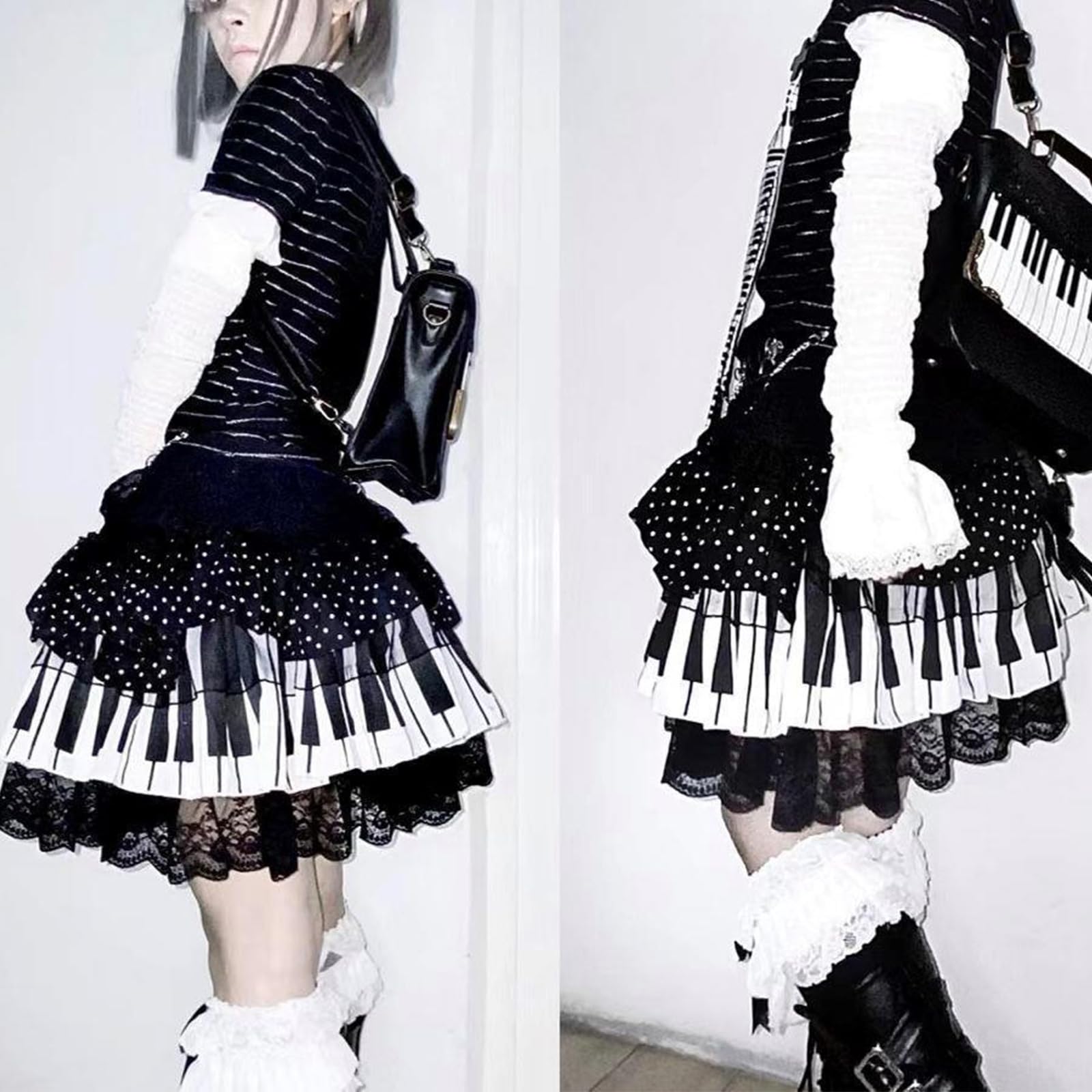 Gonna in pizzo in poliestere elasticizzato con stampa a pois rotonda design dimagrante vita comoda per occasioni casual evento sottoculturale gonna torta, Nero , XXL