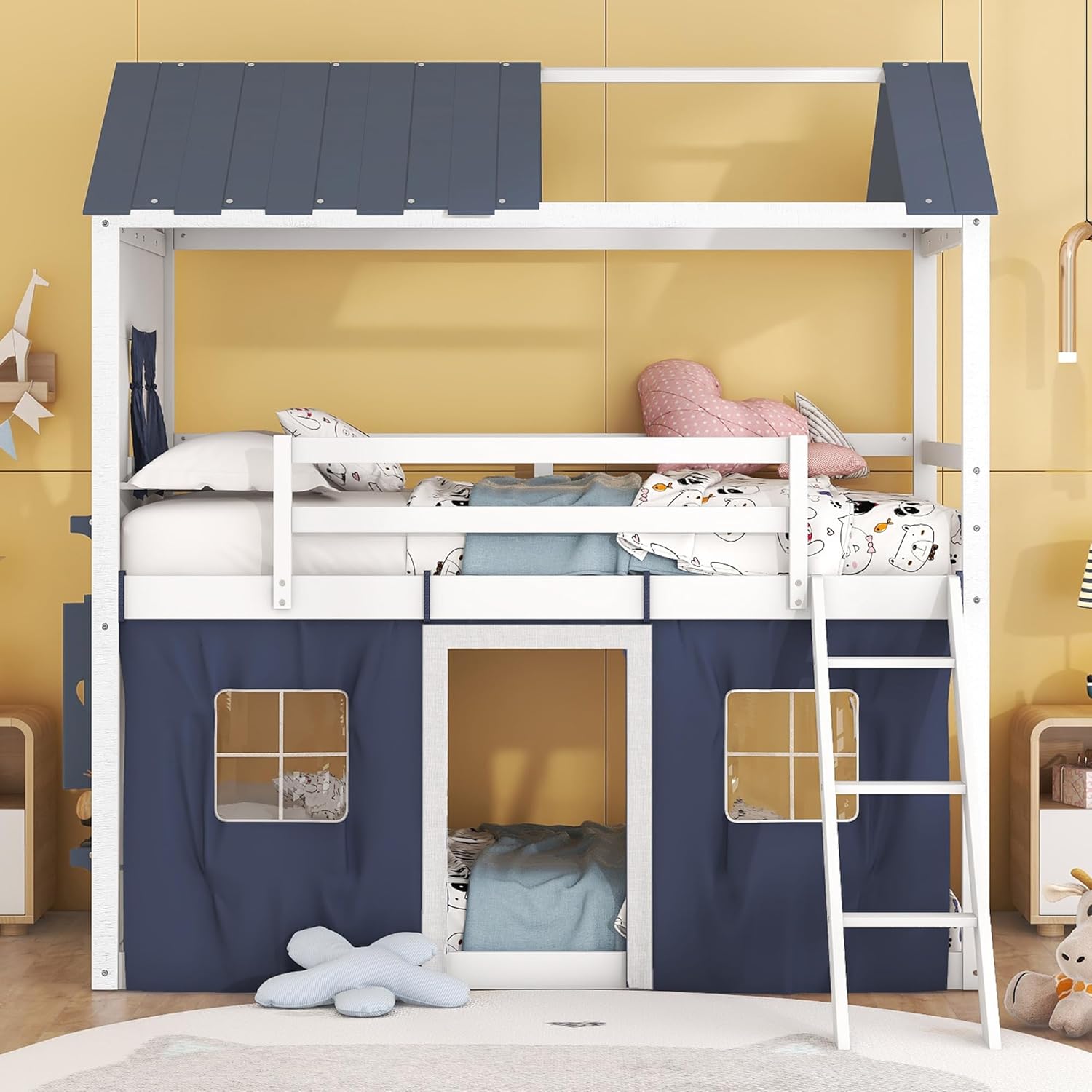 Merax Twin Over Twin Bunk Bed Wood Twin Size Bunk Bed with Roof, House Bed Loft Kleid with Windows, Sills and Tent, Blue White