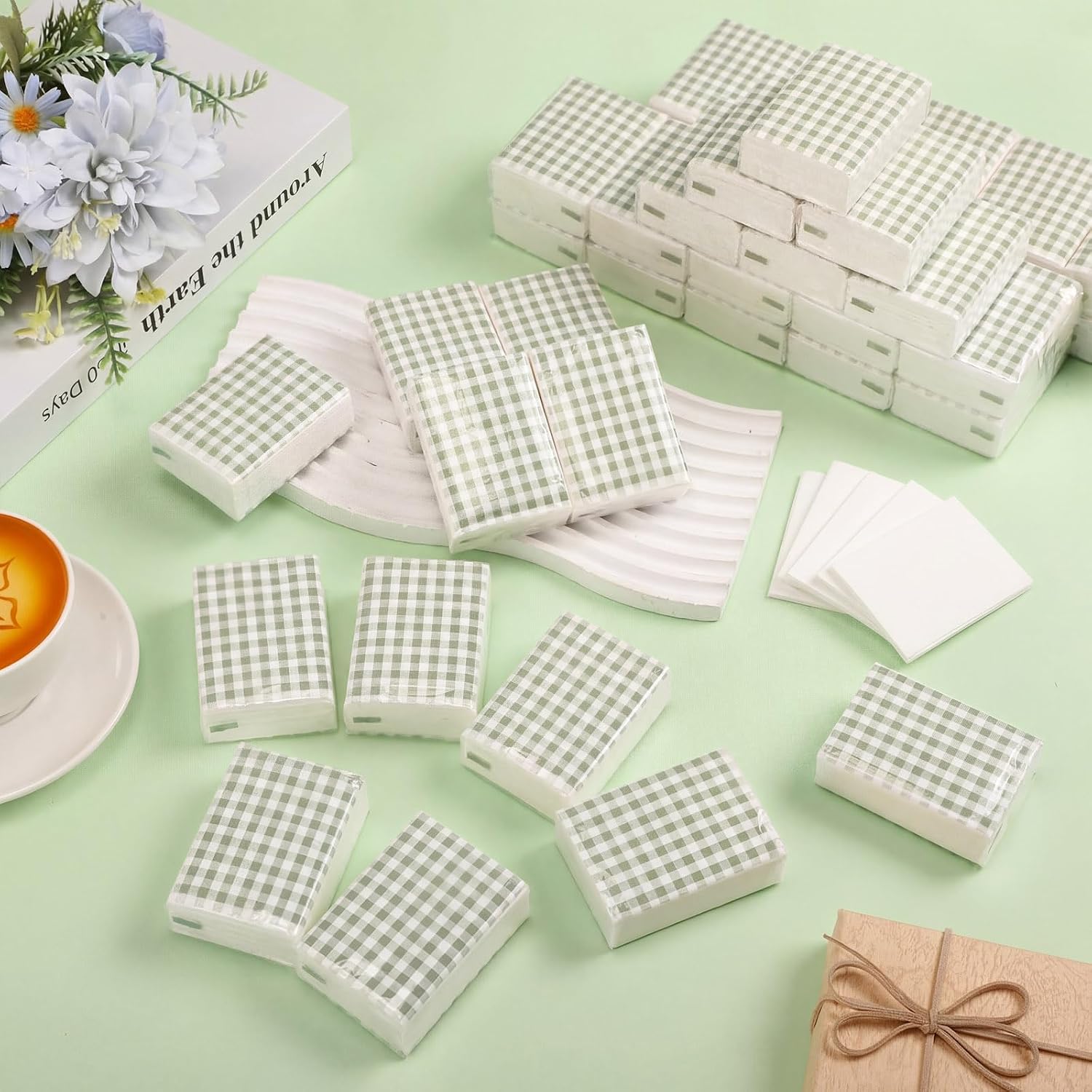 Yahenda 100 Pack Gingham Pocket Tissues Sage Green and White Checkered Facial Tissue Mini Travel Size Individual 3 Ply Guests for Baby Shower Weddings Graduation Party Favors