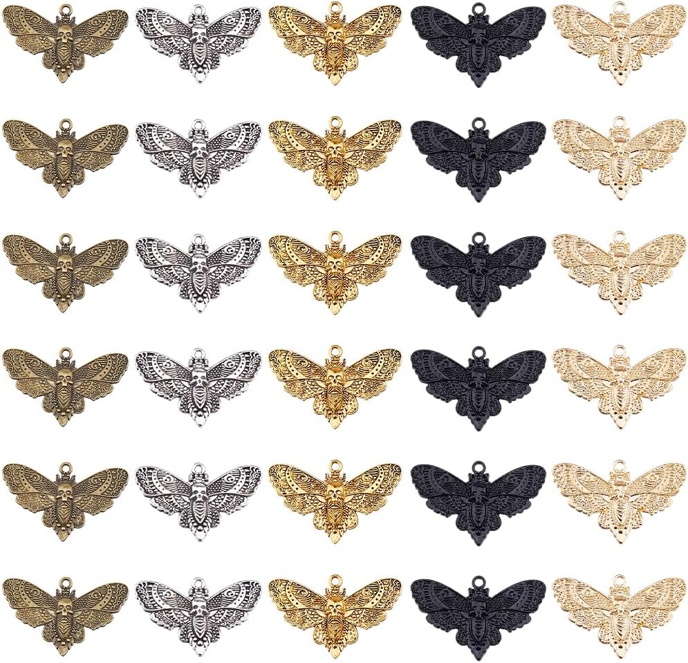 30pcs 5 Colors Moth Charms Gothic Insect Charms Skull Head Moth Pendant Alloy Animal Pendants Halloween Charm for Jewelry Necklace Bracelets Earrings Making DIY Crafts