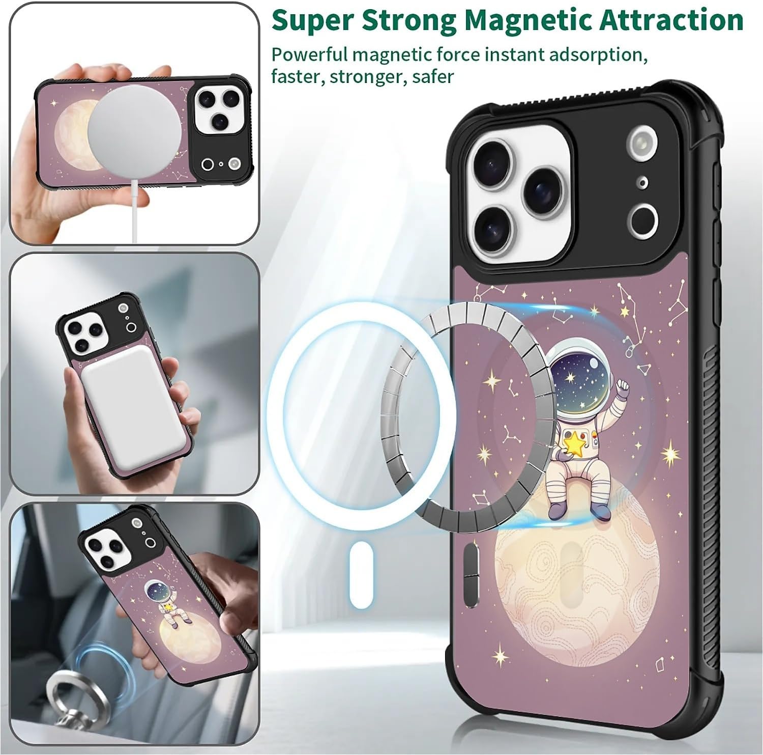 for iPhone 17 Pro Max 18 Pro Max Case,for MagSafe Graphic Design for Girl Boy Soft Silicone Hard Acrylic Shock Protection Designed Cartoon Astronaut Sitting Planet Pattern image 4