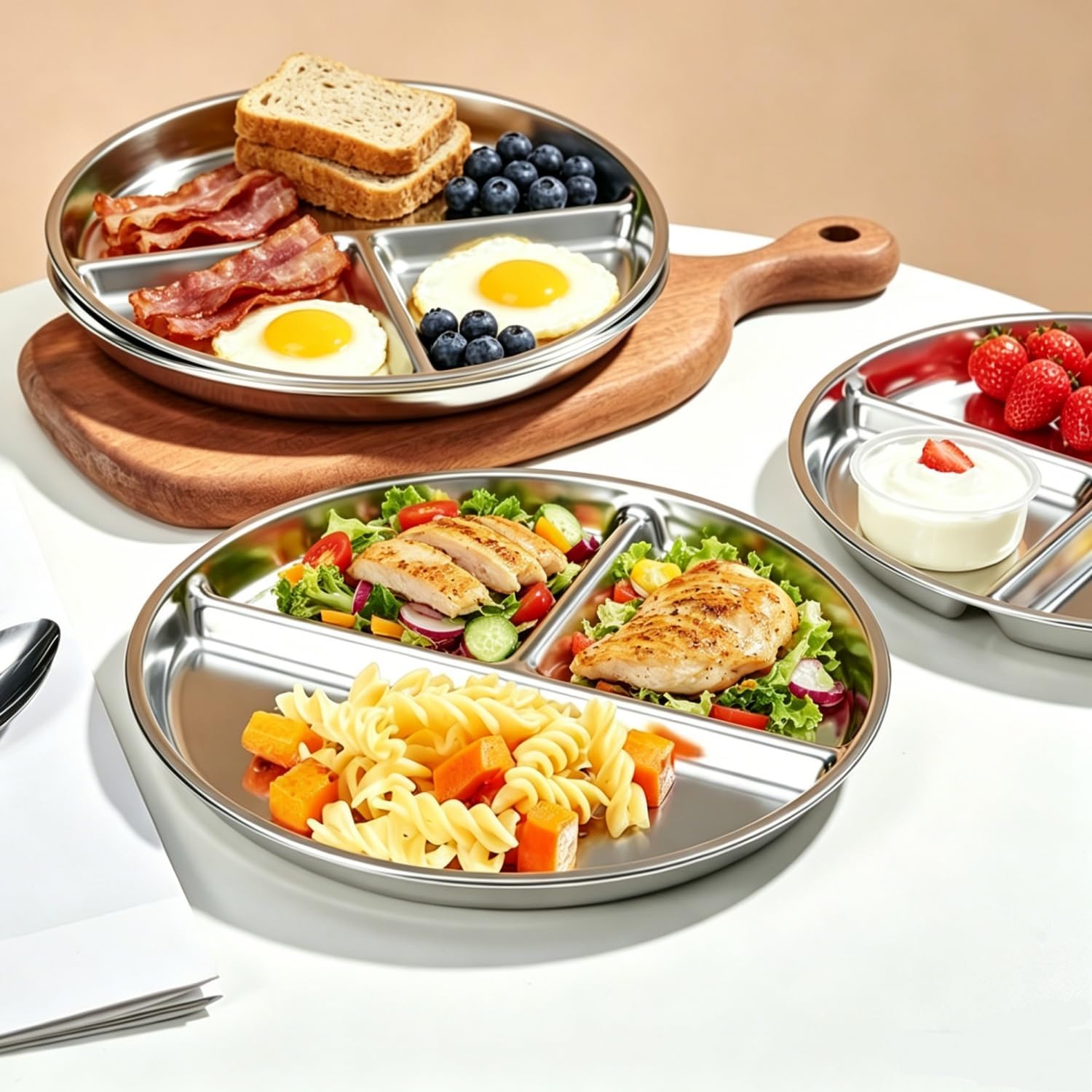 CAMBUY Stainless Steel Divided Plates 9 Inch 10 Pack Sectioned Plate Set