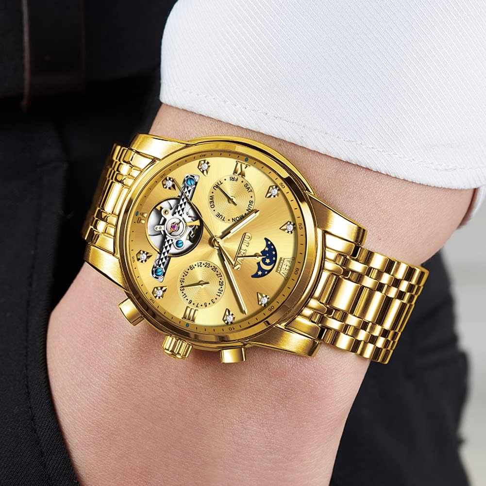 Miniatura 4 de OLEVS Relojes automáticos para hombre, esqueleto mecánico de acero inoxidable, fase lunar, impermeable, fecha, clásico, de lujo, para hombre, Lujo