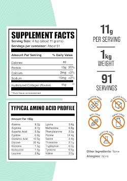 Collagen Peptides Powder - Bovine Collagen Powder, Powdered Collagen Supplement - Hydrolyzed & Gluten Free, 11g per Serving, 1kg (2.2 lbs) (Pack of 1)