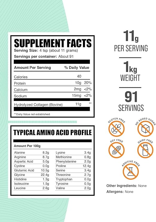 Collagen Peptides Powder - Bovine Collagen Powder, Powdered Collagen Supplement - Hydrolyzed & Gluten Free, 11g per Serving, 1kg (2.2 lbs) (Pack of 1)