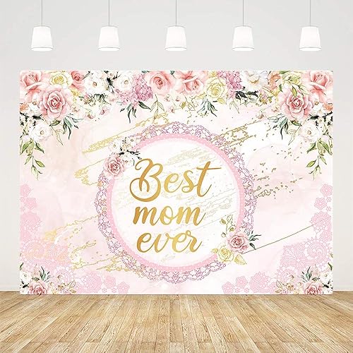 Miniatura 2 de Fondo de 7 x 5 pies para el Día de la Madre con texto en inglés "I Love You Mom Best Mom Ever", decoraciones de fiesta, flores rosas, hojas verdes,