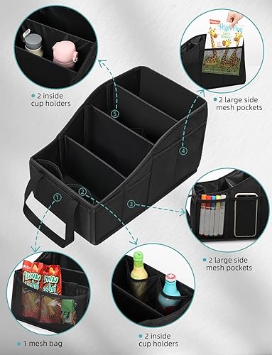 Miniatura 4 de YOHOOLYO Organizador de asiento trasero de automóvil con 4 compartimentos, 4 portavasos y 7 bolsillos de malla para asiento delantero y trasero,
