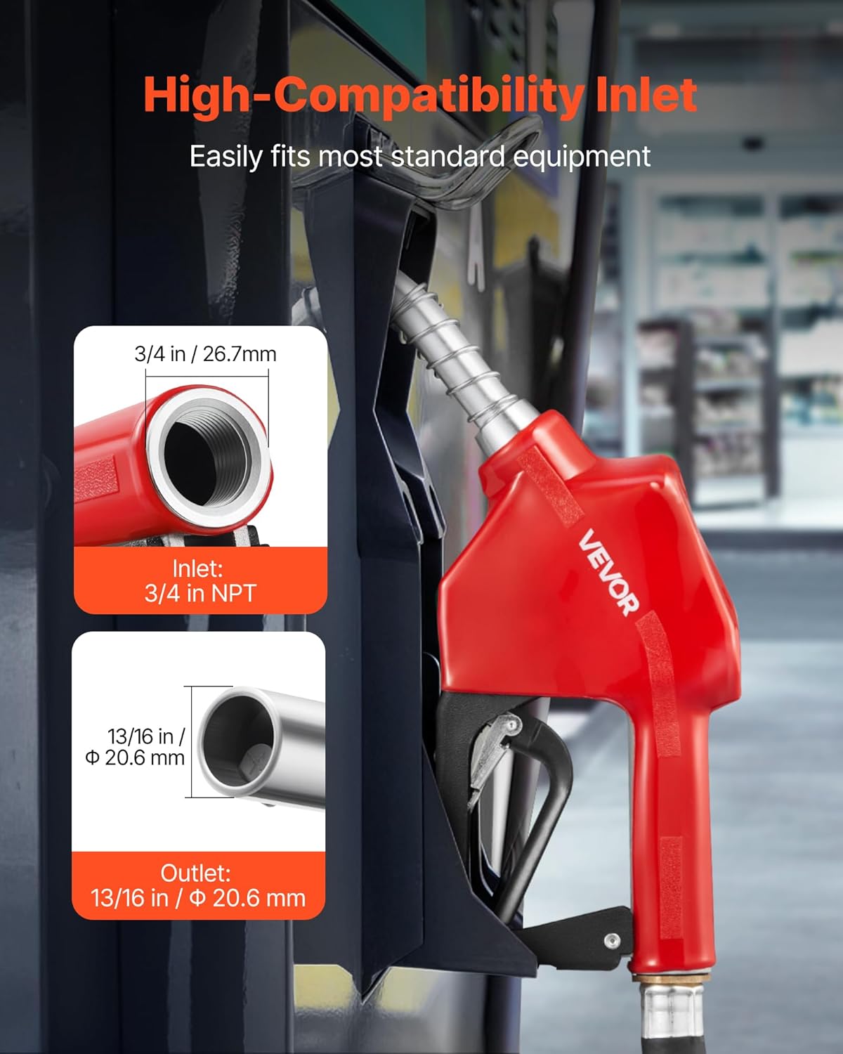 VEVOR 3/4" NPT Automatic Fuel Nozzle with 20Ft hose, Max Rate 11.8 GPM, Auto Shut Off Diesel Gas Pump Nozzle with 3-Speed Trigger Lock & 13/16" (OD=20 mm) Spout for Gasoline, Diesel, Kerosene, Red