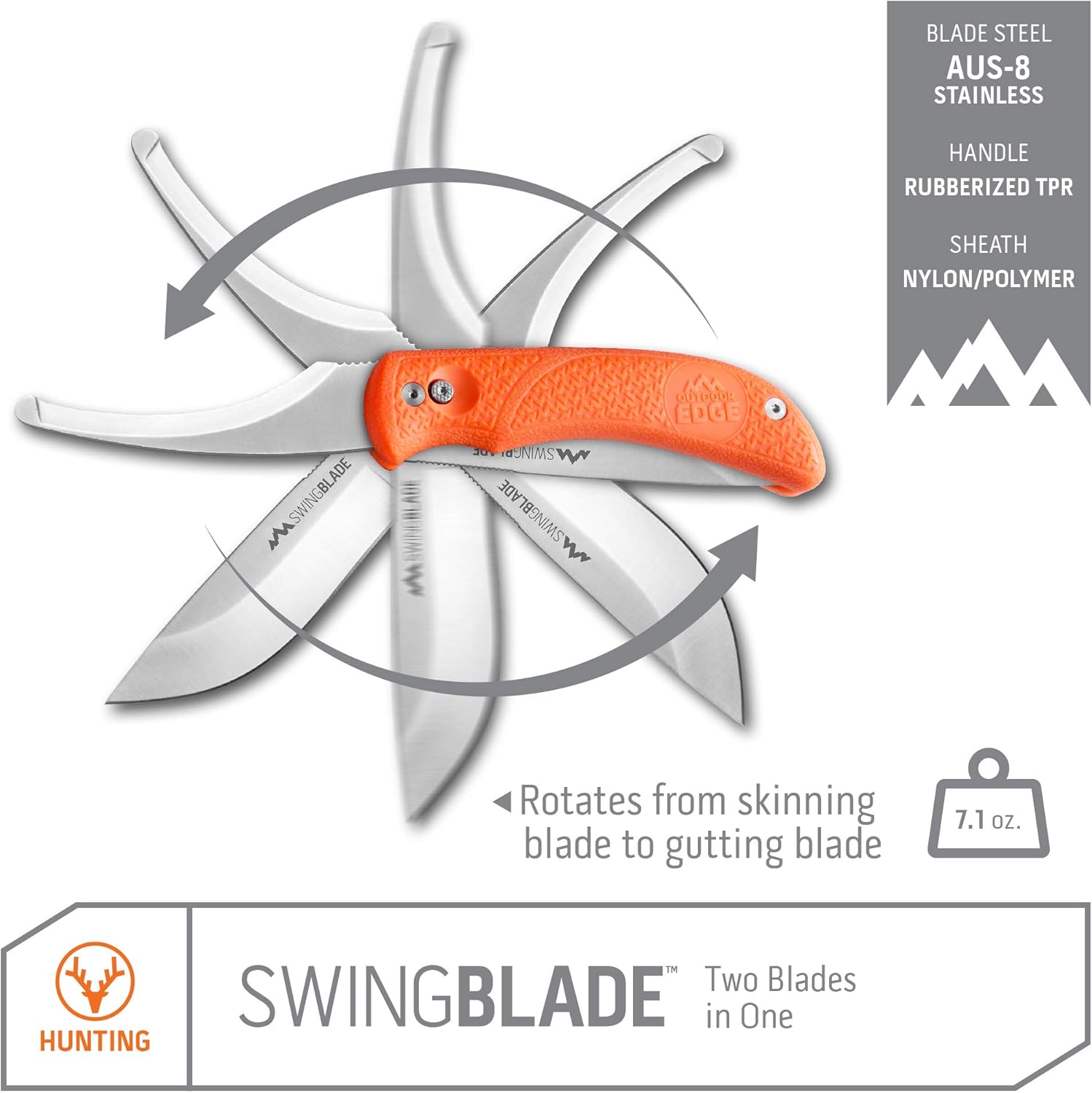 Outdoor Edge Swingblaze Double Blade Hunting Knife with Rotating Skinning & Gutting Blades, Nylon Sheath, (Blaze Orange, SZ-20N)