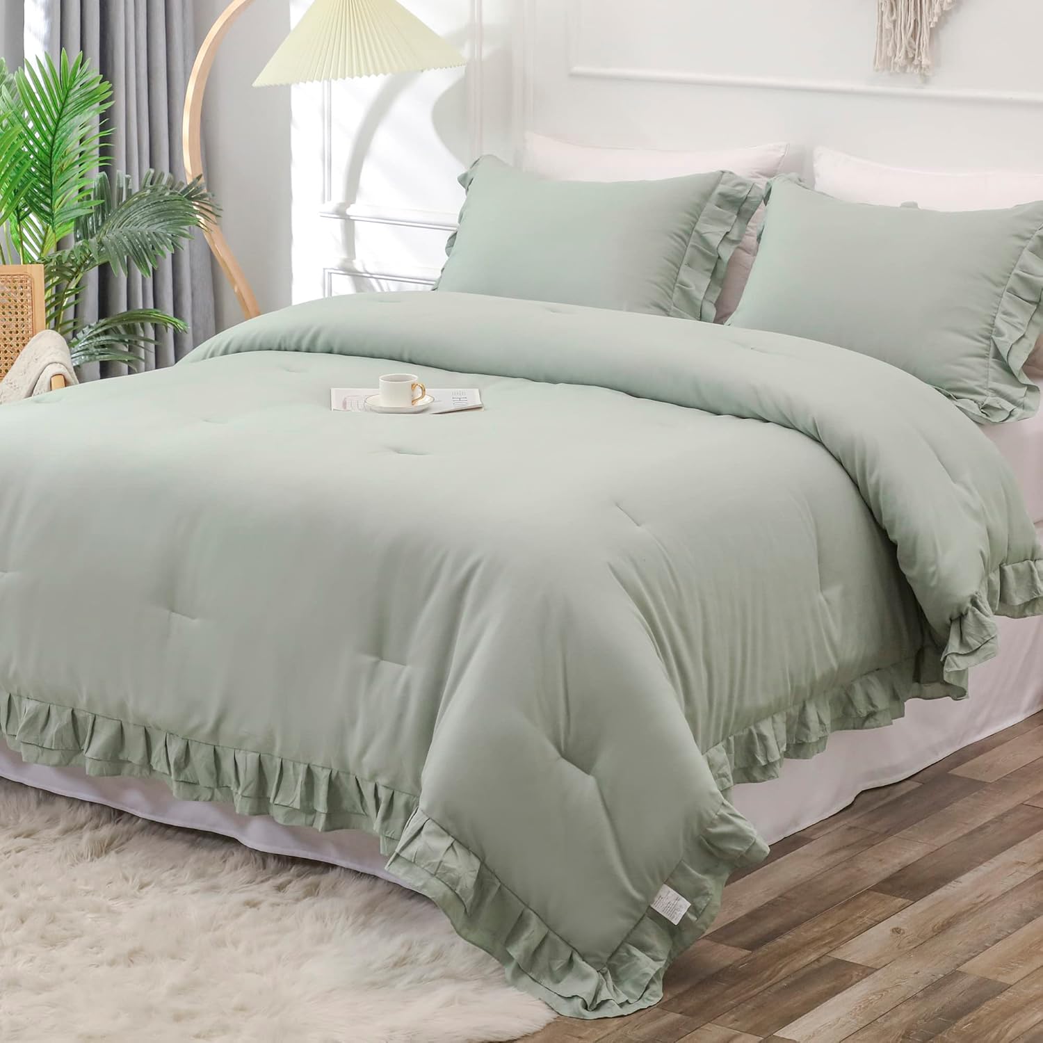 YOZEN Sage Green Double Ruffle Comforter Set King Size (104x90 Inch), 3 Pcs