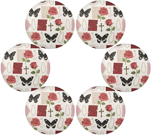 Miniatura 3 de Red Romantic Rose Flowers Round placemats Farmhouse Cloth Reversible Quilted placemat individuales para mesa de comedor Redondo 15.4x15.4in Set of 6