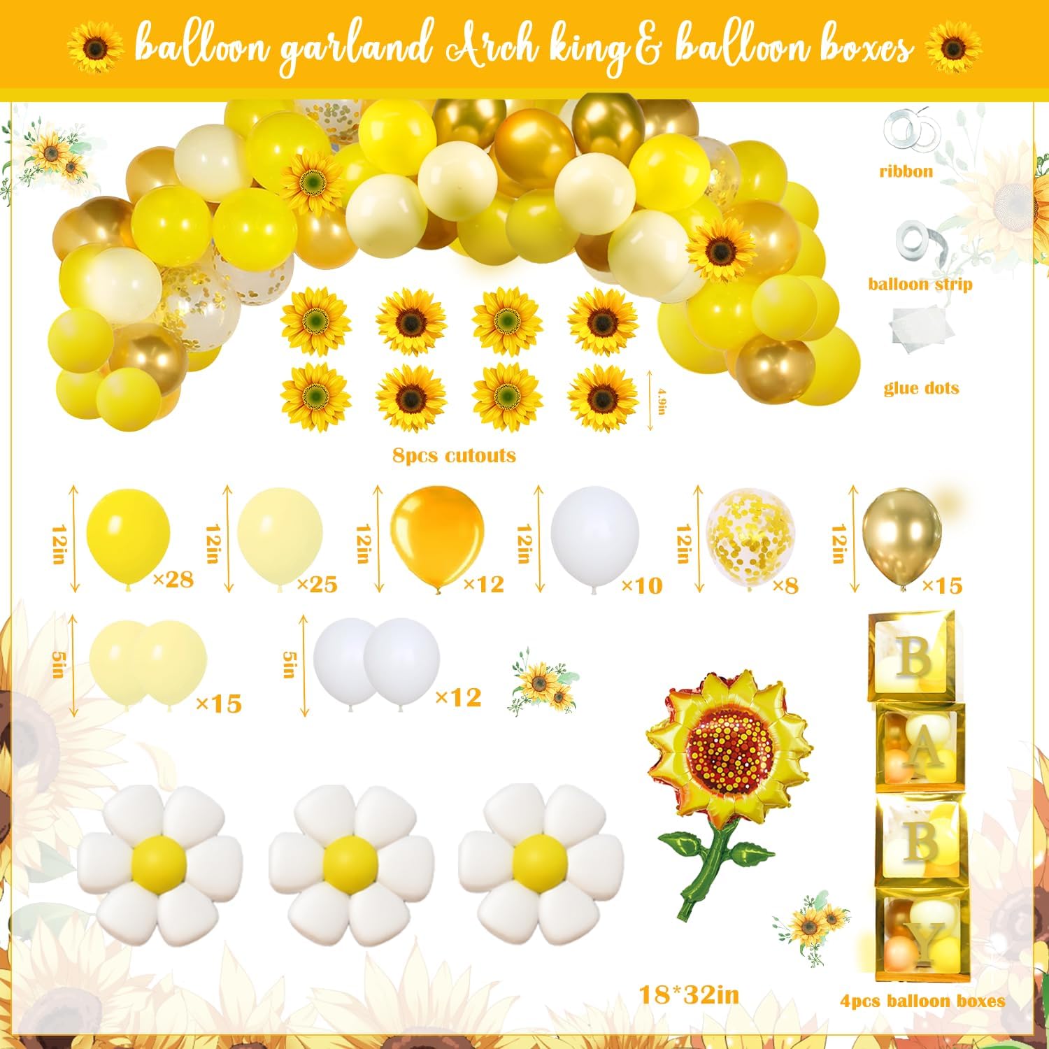 Sunflower Baby Shower Decorations for Girl, Yellow Baby Girl Shower Décor, Mommy To Be Sash&Pin Boxes Sunshine Sunflower Cake Cupcake Toppers Balloon Arch Backdrop, It's a Girl Baby Shower Supplies