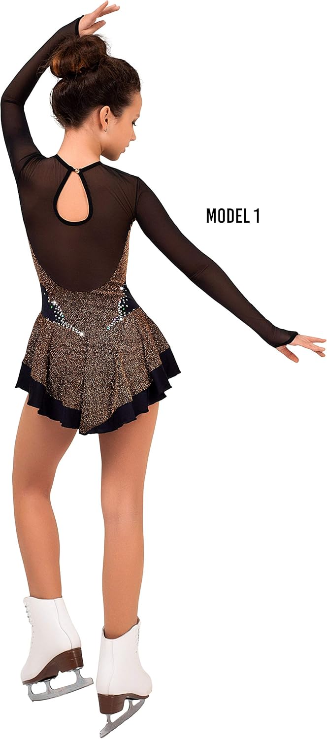 Figure Skating Dress/Bundle with Skate Guards/Italian Fabric, Made in Europe Style: A14 / Black Gold/Size: 4X-Small