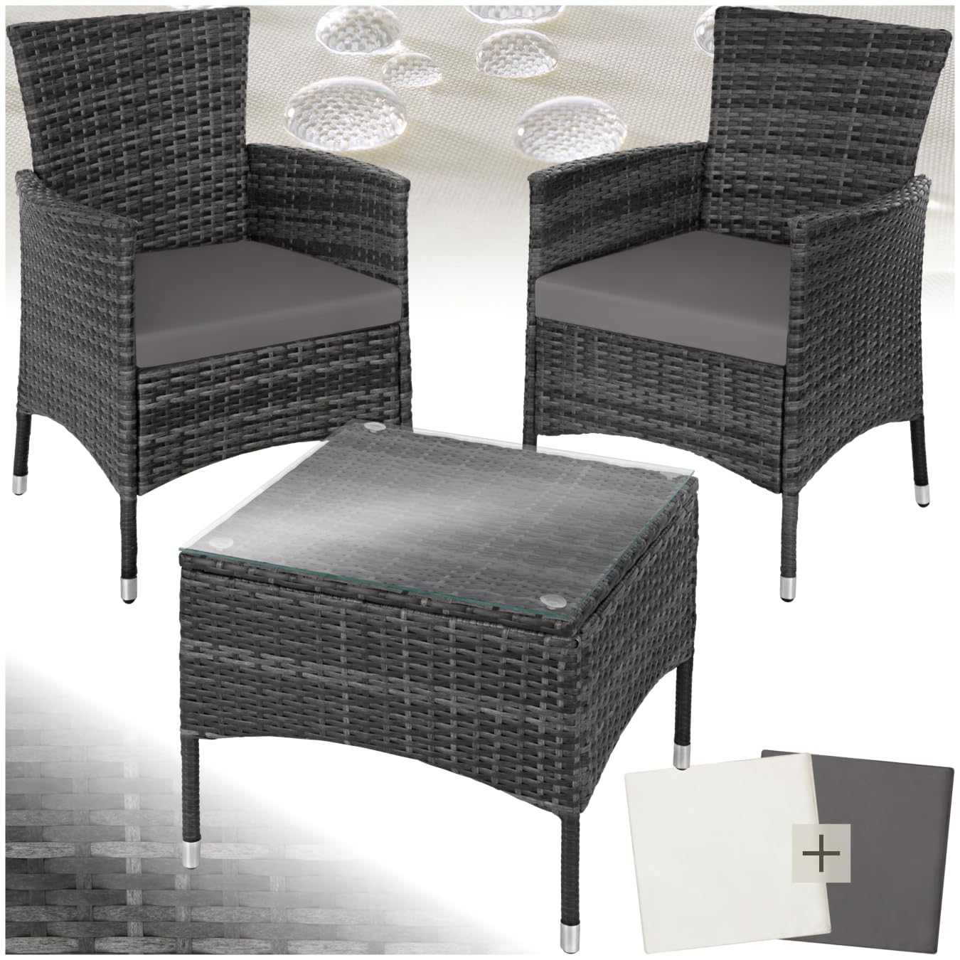 tectake® Poly Rattan Möbel Gartenset mit Wechselbezügen, 2 Stühle und Tisch mit Glasplatte, 2X Outdoor Lounge Sessel mit Armlehne und Gartentisch, Gartenmöbel Set, Balkonmöbel - grau