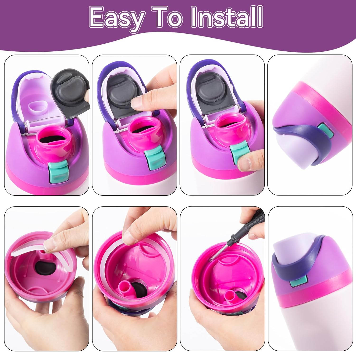 12PCS Replacement Straws Compatible with Owala 24oz/32oz with 2 Cleaning Brushes 6 Reusable Stainless Steel Straw 2 Water Bottle Seal Ring 2 Replacement Stopper for Owala Freesip (Grey)