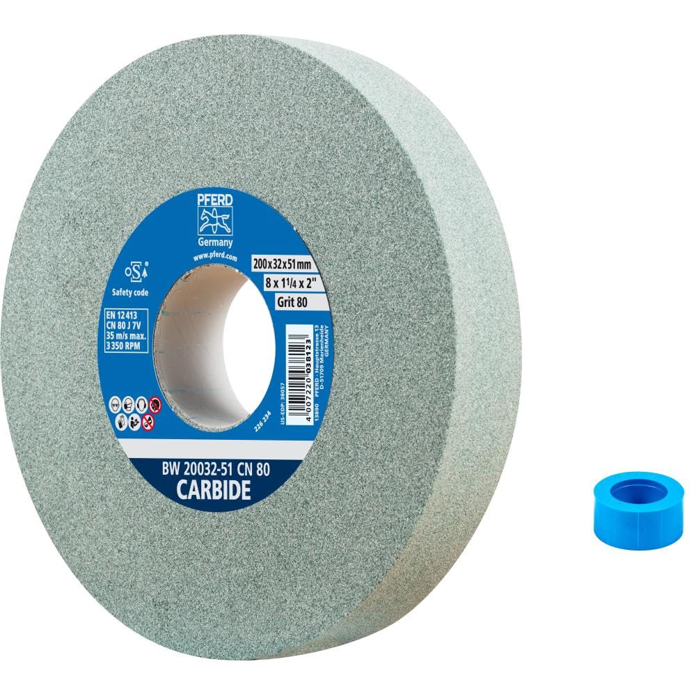 PFERD Vitrified Bench Grinding Wheel - Carbide, 8" Diameter, 1-1/4" Thick, 2" Arbor, 80 Grit, Silicon Carbide, for Carbide Tool Sharpening and Grinding - Part 61696