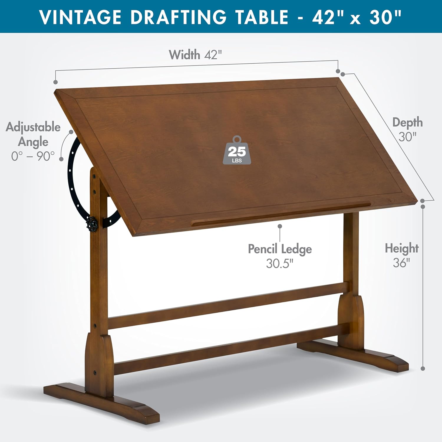 Studio Designs Vintage Drafting Table - Antique Design Solid Wood Drafting Table with Built-In Pencil Groove and Pencil Ledge - Angle Adjustable Work Surface